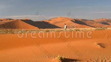 游客步行在风景秀丽的沙丘Sossusvlei，纳米布沙漠，纳米布诺克洛夫特国家公园，纳米比亚。